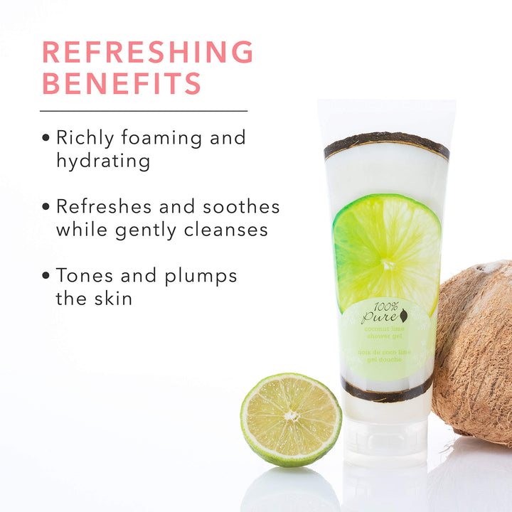 What are the refreshing benefits of 100% Pure - Coconut Lime Shower Gel?