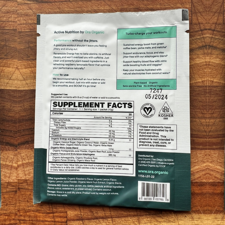Ora Organic Renewable Energy Natural Pre-Workout Supplement Facts and Ingredients