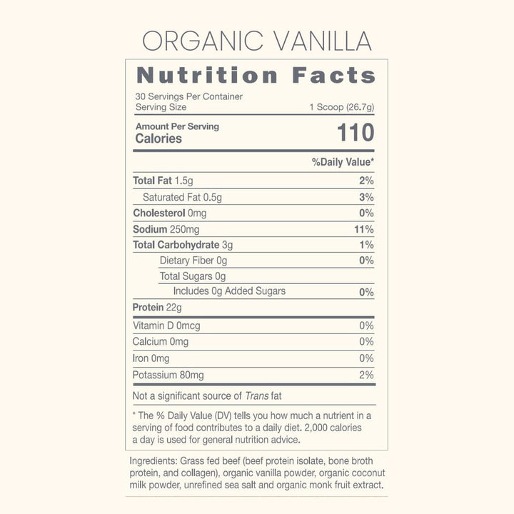 Nutrition Facts of Vanilla Flavored Organic Kono Nutrition Beef Protein Blend