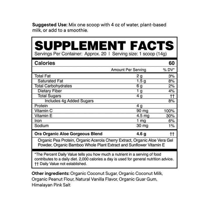 Ora Organic Aloe Gorgeous Vanilla Supplement facts