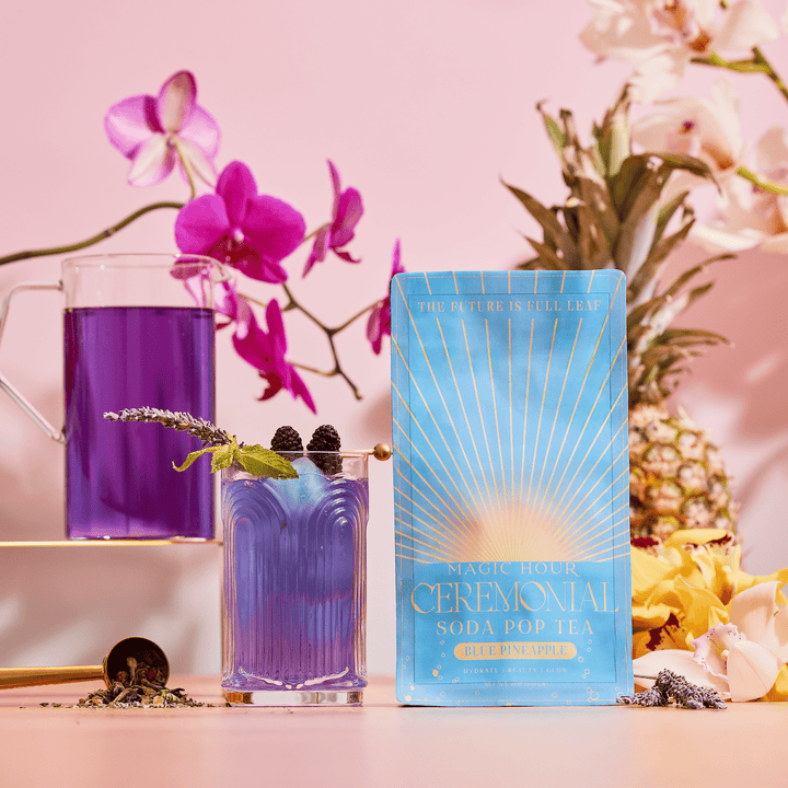 Magic Hour Blue Pineapple: Ceremonial Soda Pop Tea Crafted with real fruit, naturally blue butterfly pea flowers, and a premium tea base—vegan, gluten-free, non-GMO, with no artificial dyes.

