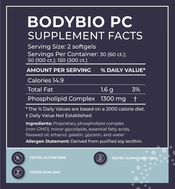 BodyBio Phosphatidylcholine - Authentic Supplement Facts (Serving Size For Tablets)