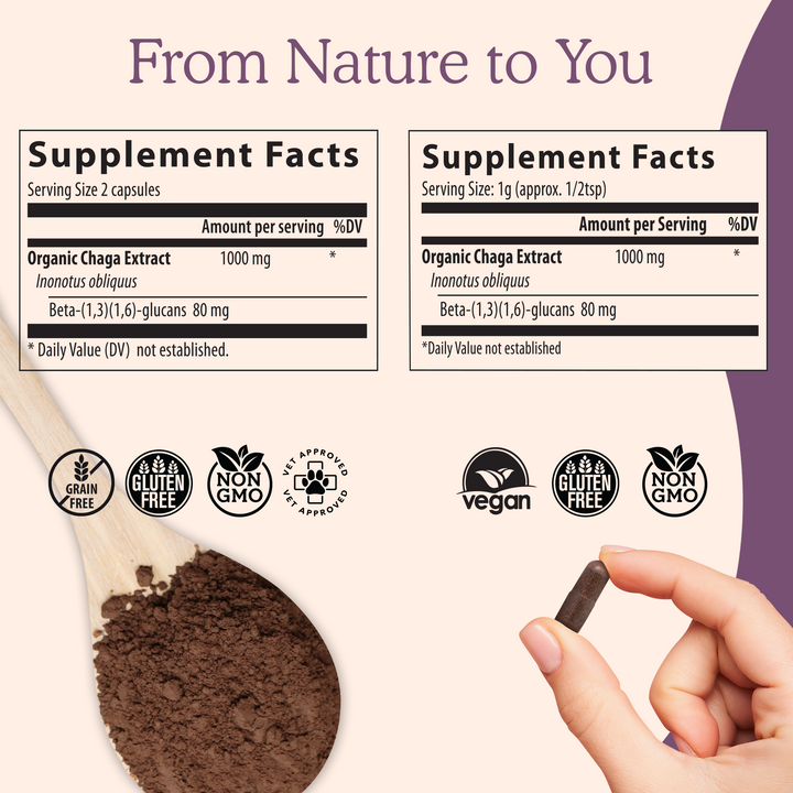 REAL MUSHROOMS Organic Chaga Extract Powder and Capsules supplement facts