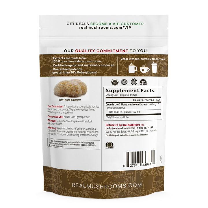 REAL MUSHROOMS Organic Lions Mane Mushroom Powder back label