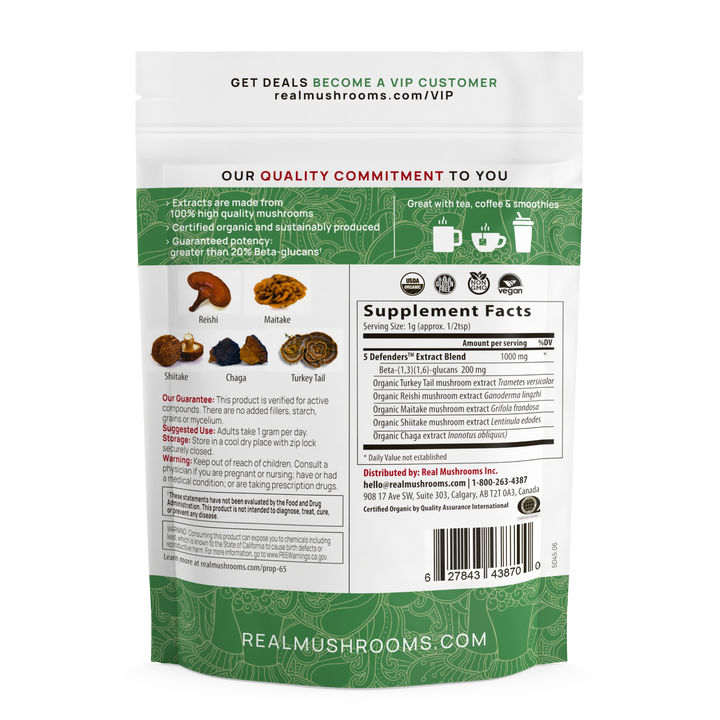 5 Defenders Organic Mushroom Complex back label