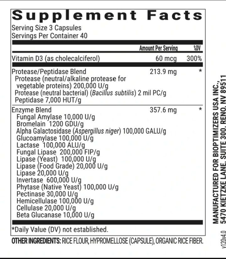 BiOptimizers Masszymes Supplement Facts