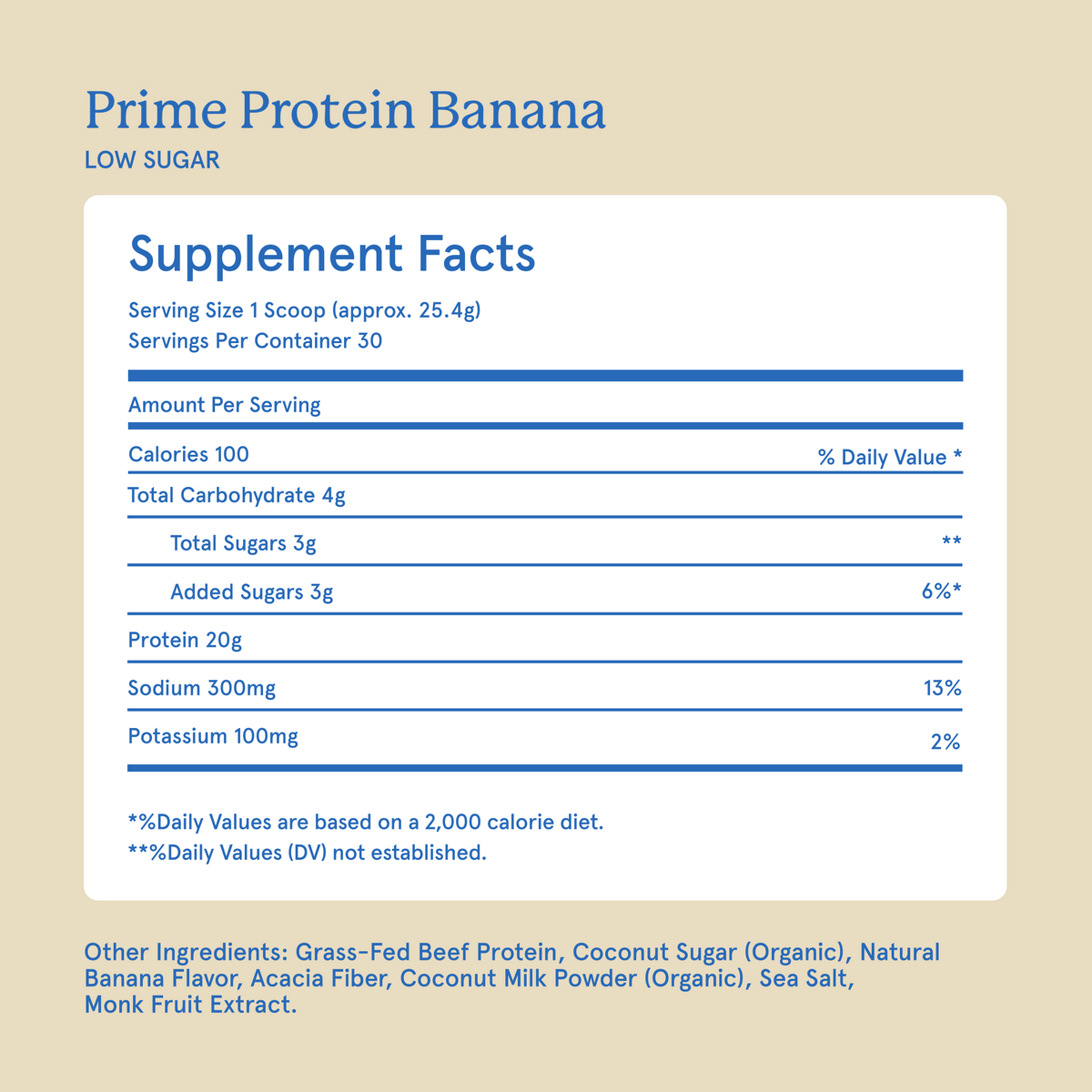 Equip Prime Protein low-sugar banana Supplement Facts and ingredient information