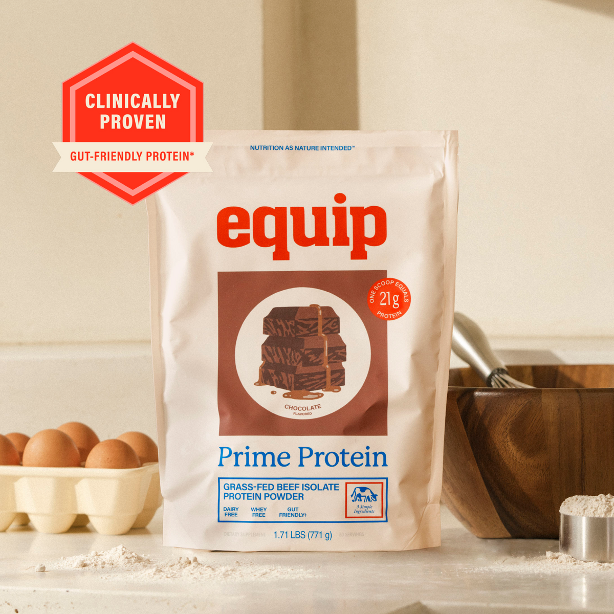 Equip Prime Protein chocolate bag on a kitchen counter with clinically proven grass-fed protein badge