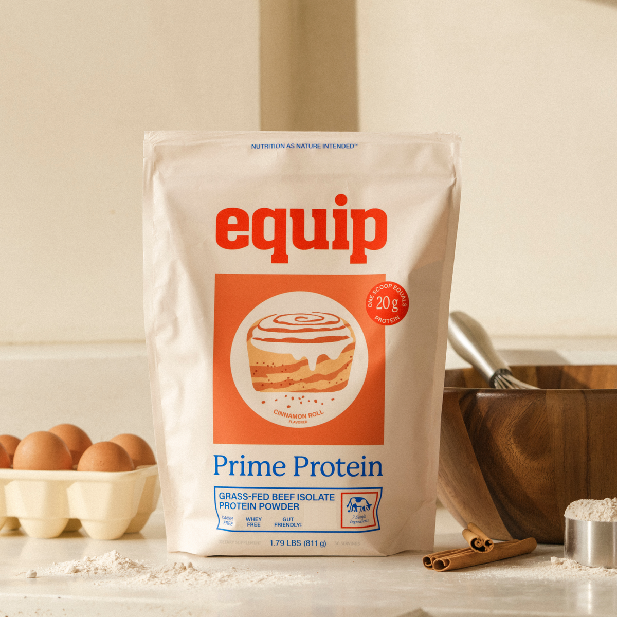 Equip Prime Protein cinnamon roll bag with cinnamon rolls and a protein drink