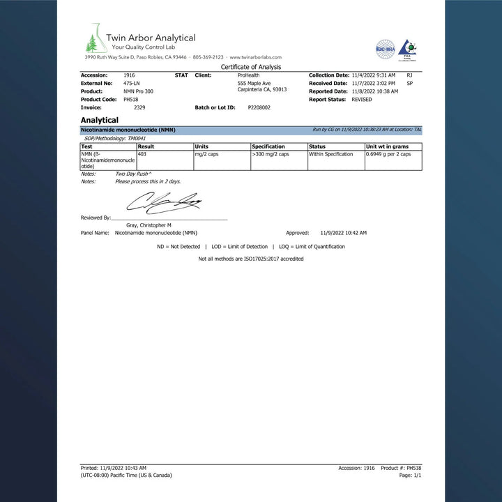 Certificate of Analysis of Prohealth Longevity NMN Pro 300™ - Uthever® NMN - 300 mg per serving, 30 servings