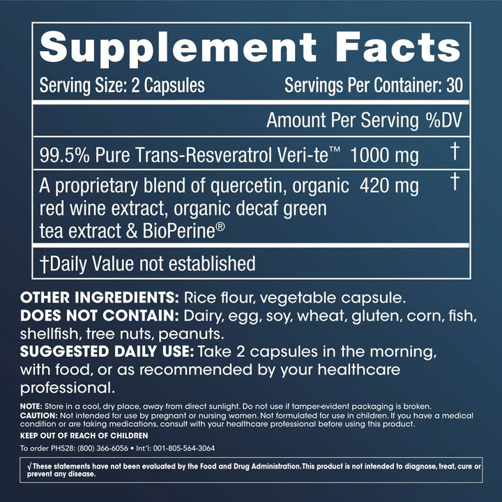 Supplement Facts Of Prohealth Longevity Trans-Resveratrol Plus - 1000 mg per serving, 60 capsules