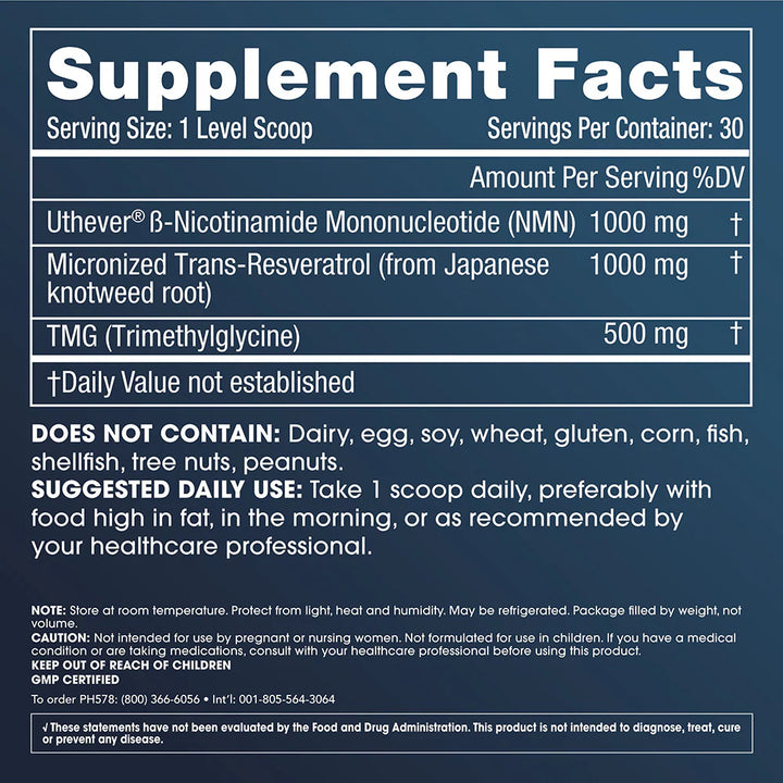 ProHealth Longevity NMN Pro™ Complete - Uthever® NMN, Trans-Resveratrol, TMG - 75 grams - Supplement Facts