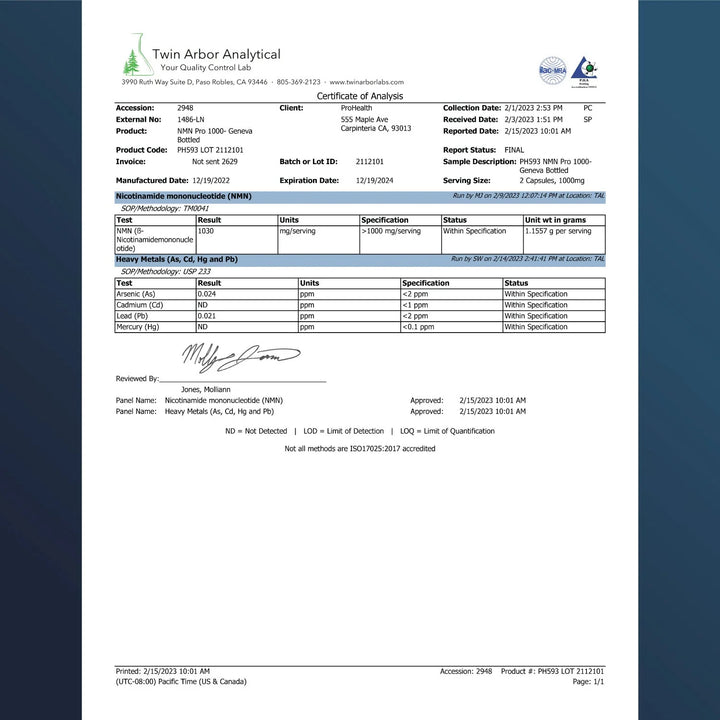 Certificate of Analysis of Prohealth Longevity NMN Pro 1000™ - Uthever® NMN, 1000 mg per serving, 60 capsules