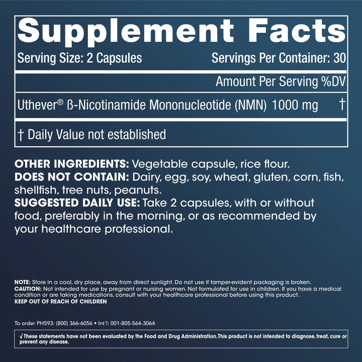 Supplement Facts of Prohealth Longevity NMN Pro 1000™ - Uthever® NMN, 1000 mg per serving, 60 capsules