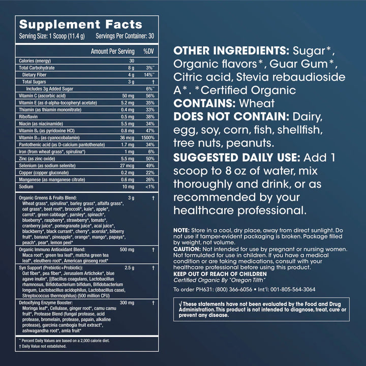 Supplement Facts Of Prohealth Longevity Greens™ Powder - Apple Banana Flavor