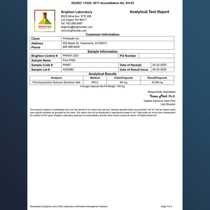 ProHealth Pure PQQ - 40 mg, 30 capsules - Backed by emerging research