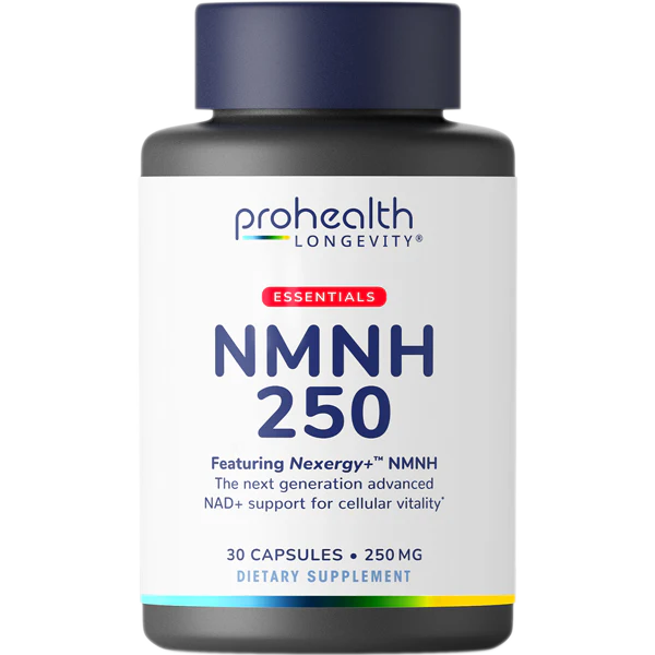 Single bottle product render of ProHealth Longevity Essentials NMNH 250 dietary supplement featuring Nexergy+™ NMNH.