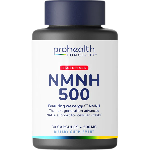 Single bottle product render of ProHealth Longevity Essentials NMNH 500 dietary supplement featuring Nexergy+™ NMNH.
