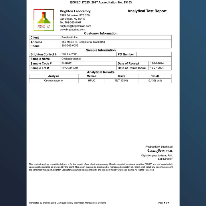Prohealth Longevity Cycloastragenol Cerificate of Analysis