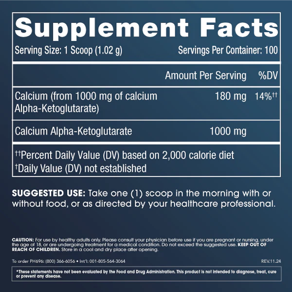 Supplement facts label for Calcium Alpha-Ketoglutarate 
