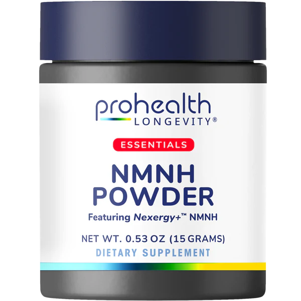 Single jar render of ProHealth Longevity Essentials NMNH Powder featuring Nexergy+™ NMNH dietary supplement in a 15-gram container.