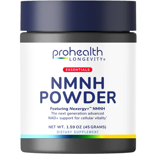 Single jar render of ProHealth Longevity Essentials NMNH Powder featuring Nexergy+™ NMNH dietary supplement in a 45-gram container.