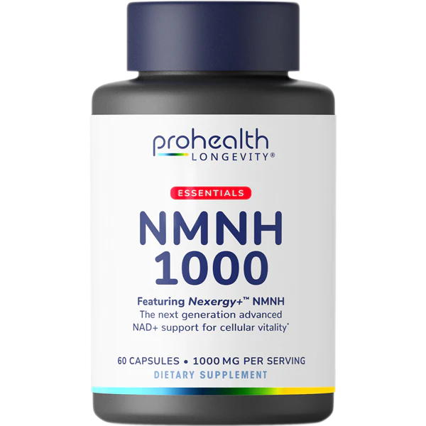 Single bottle product render of ProHealth Longevity Essentials NMNH 1000 dietary supplement featuring Nexergy+™ NMNH.