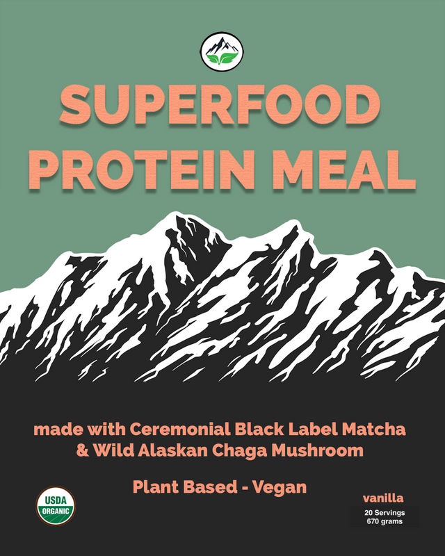Superfood protein meal made with ceremonial black label matcha and wild Alaskan Chaga Mushroom