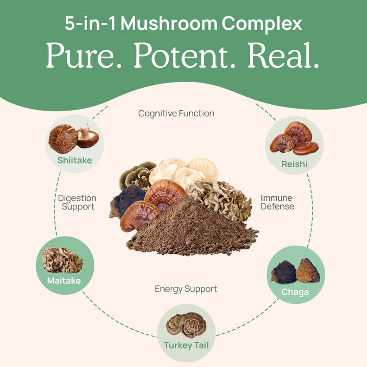 5 Defenders Organic Mushroom Complex is for Digestion support and Cognitive function 