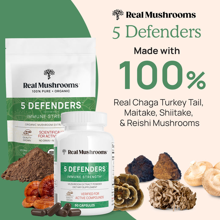 5 Defenders Organic Mushroom Complex is made with 100% ingredients 