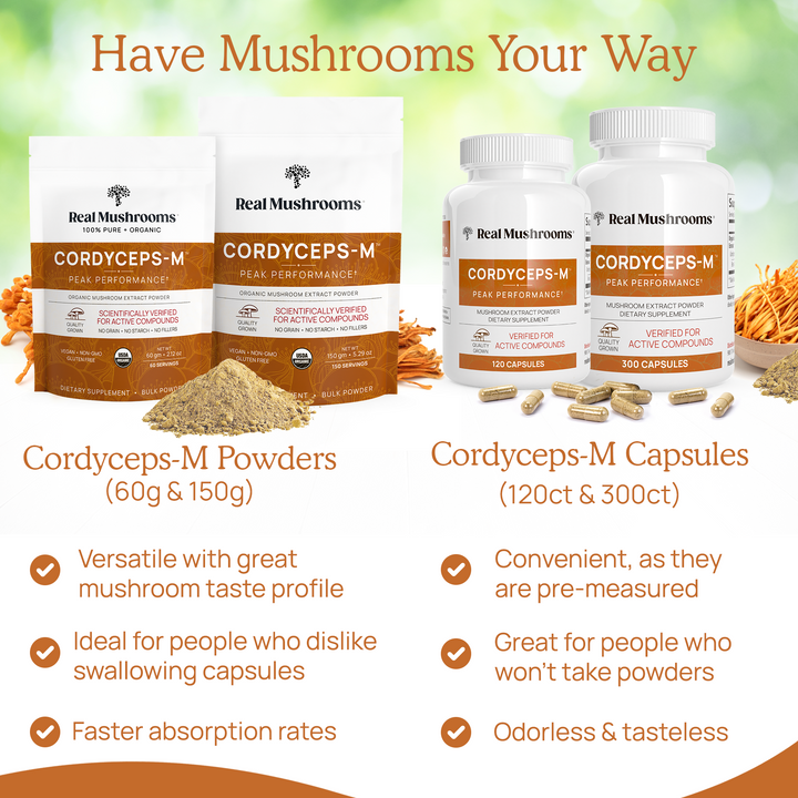 REAL MUSHROOMS Organic Cordyceps Mushroom Extract Powder and Capsules other benefits 