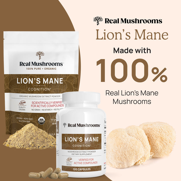 REAL MUSHROOMS Organic Lions Mane is made with 100% real lion's mane mushrooms