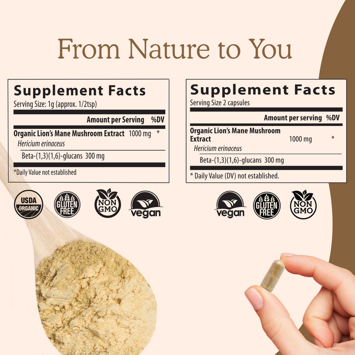 REAL MUSHROOMS Organic Lions Mane Extract Capsules and Powder supplement facts