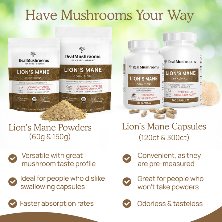 REAL MUSHROOMS Organic Lions Mane Mushroom Powder and capsule other benefits 