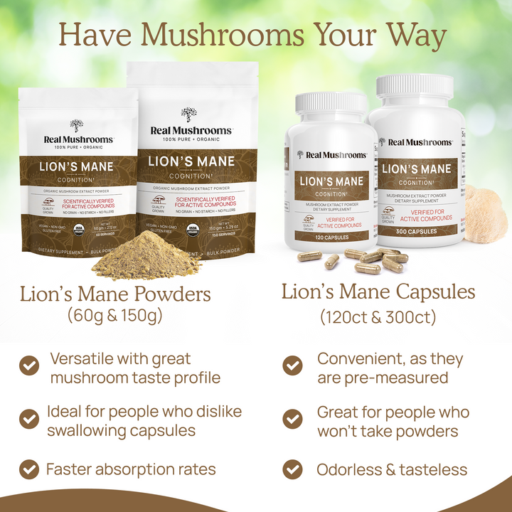 REAL MUSHROOMS Organic Lions Mane Extract Capsules and Powder other benefits