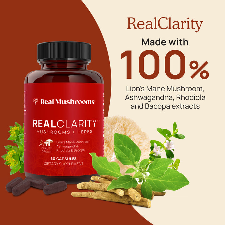 RealClarity - it is made by a 100% Lion's Mane, Ashwagandha, Rhodiola and Bacopa extracts 