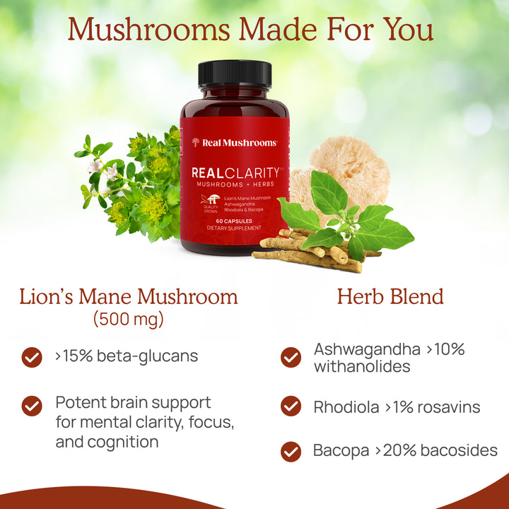 RealClarity - Lion's Mane, Ashwagandha, Rhodiola and Bacopa has 15% beta-glucans, 10% anolides, 1% rosavins, 20% bacosides