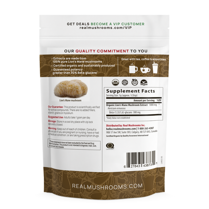 Real Mushrooms Lion's Mane Mushroom Powder Extract back panel