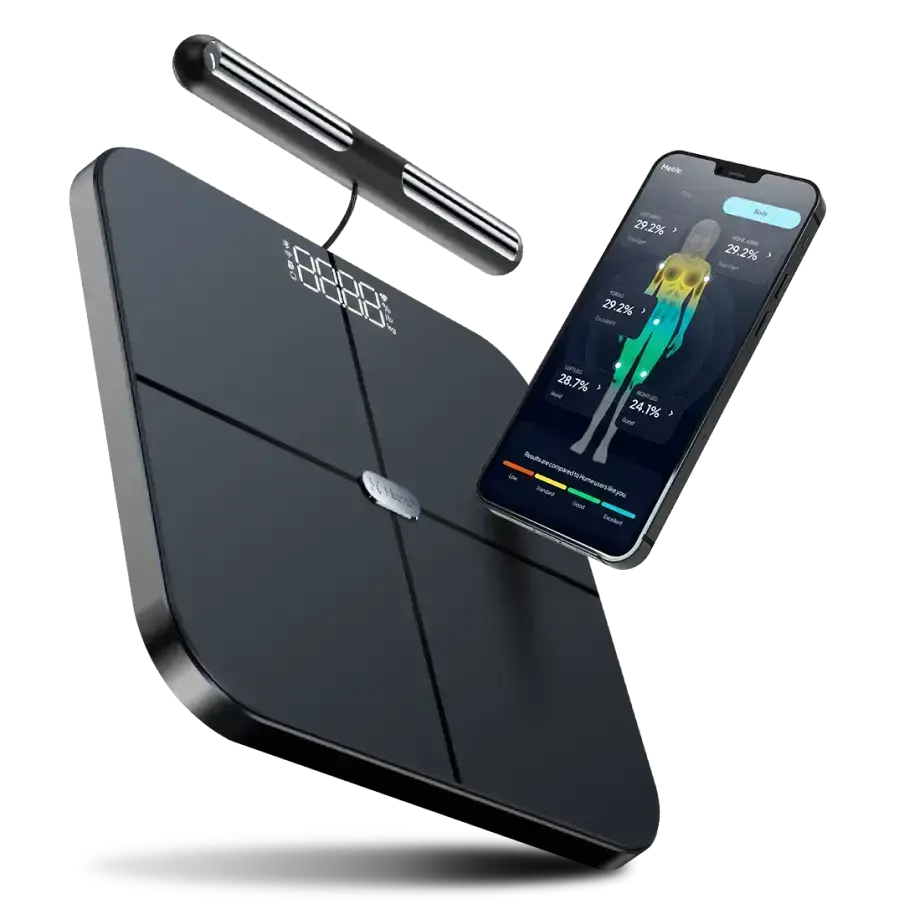 Smart Body Pod weight scale by Hume with a smartphone displaying app on a white background