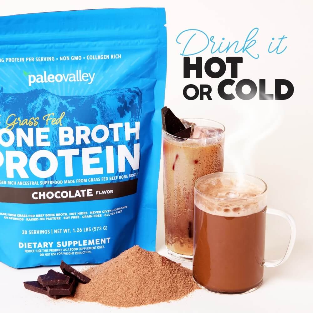 Chocolate grass fed bone broth protein powder with hot and cold drink options