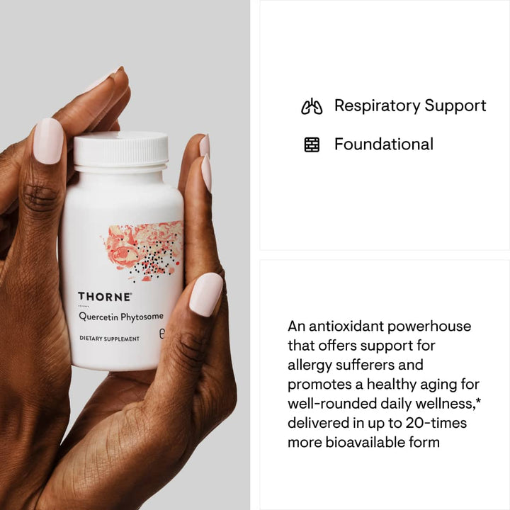 Thorne Quercetin Phytosome a powerhouse that offers support for allergy sufferers and promotes a healthy aging for well-rounded daily wellness.