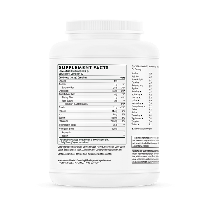 Thorne Whey Protein Isolate - Chocolate Supplement Facts and Ingredients