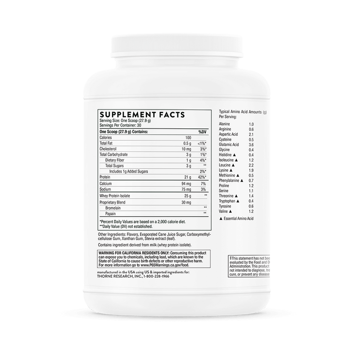 Thorne Whey Protein Isolate - Vanilla Supplement Facts and Ingredients