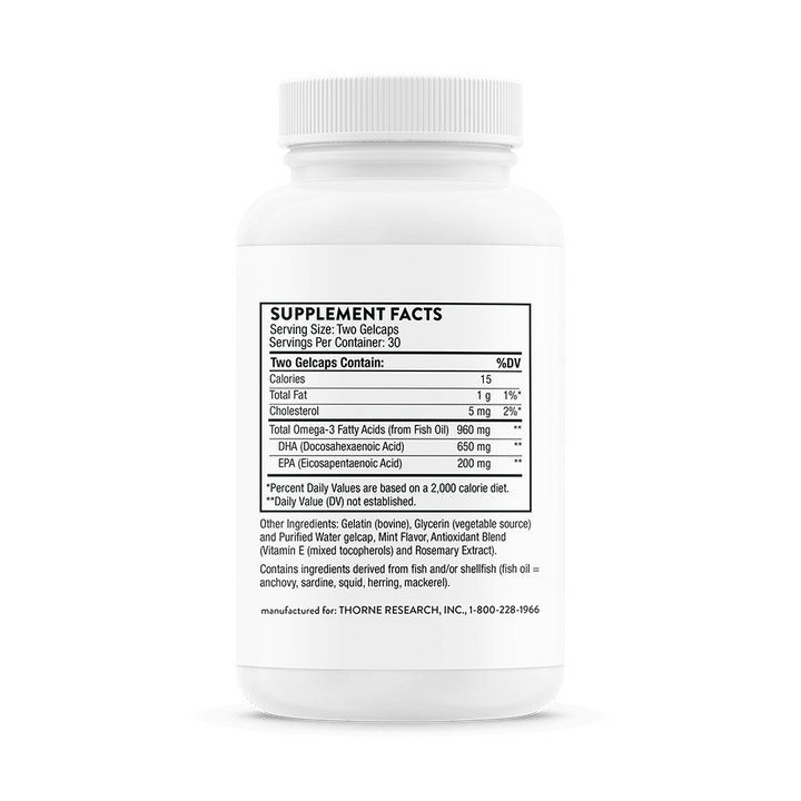 Supplement Facts of Thorne Prenatal DHA back bottle view