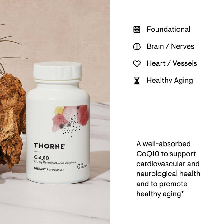 Thorne CoQ10 (formerly Q-Best 100) support cardiovascular and neurological health to promote healthy aging