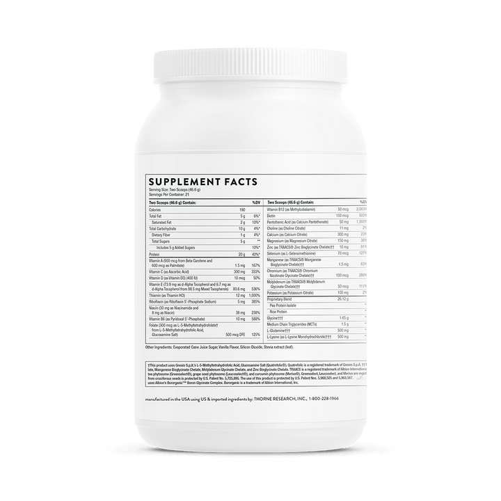 Thorne MediClear-SGS - Vanilla Supplement Facts and Ingredients