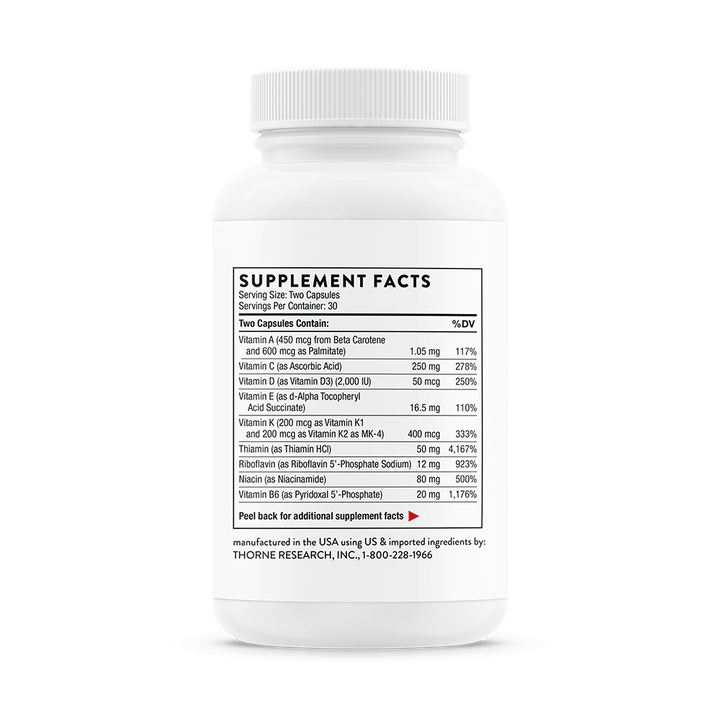 Supplement facts of Thorne Basic Nutrients 2/Day - NSF Certified Bottle