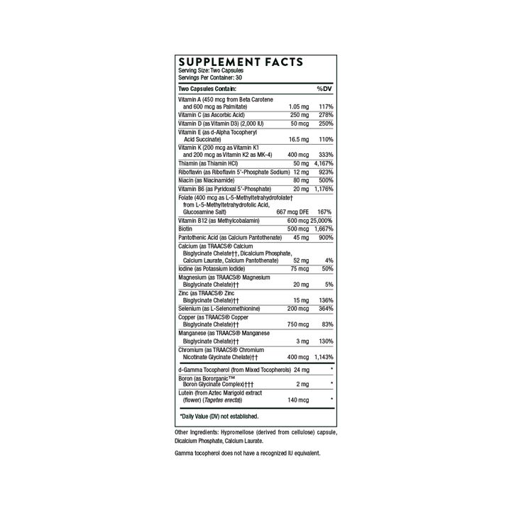 Detailed Supplement Facts Of Thorne Basic Nutrients 2/Day - NSF Certified
